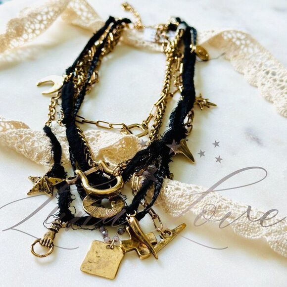 FREE PEOPLE Maggie May Layered Necklace In Gold & Black NWT - Picture 5 of 5